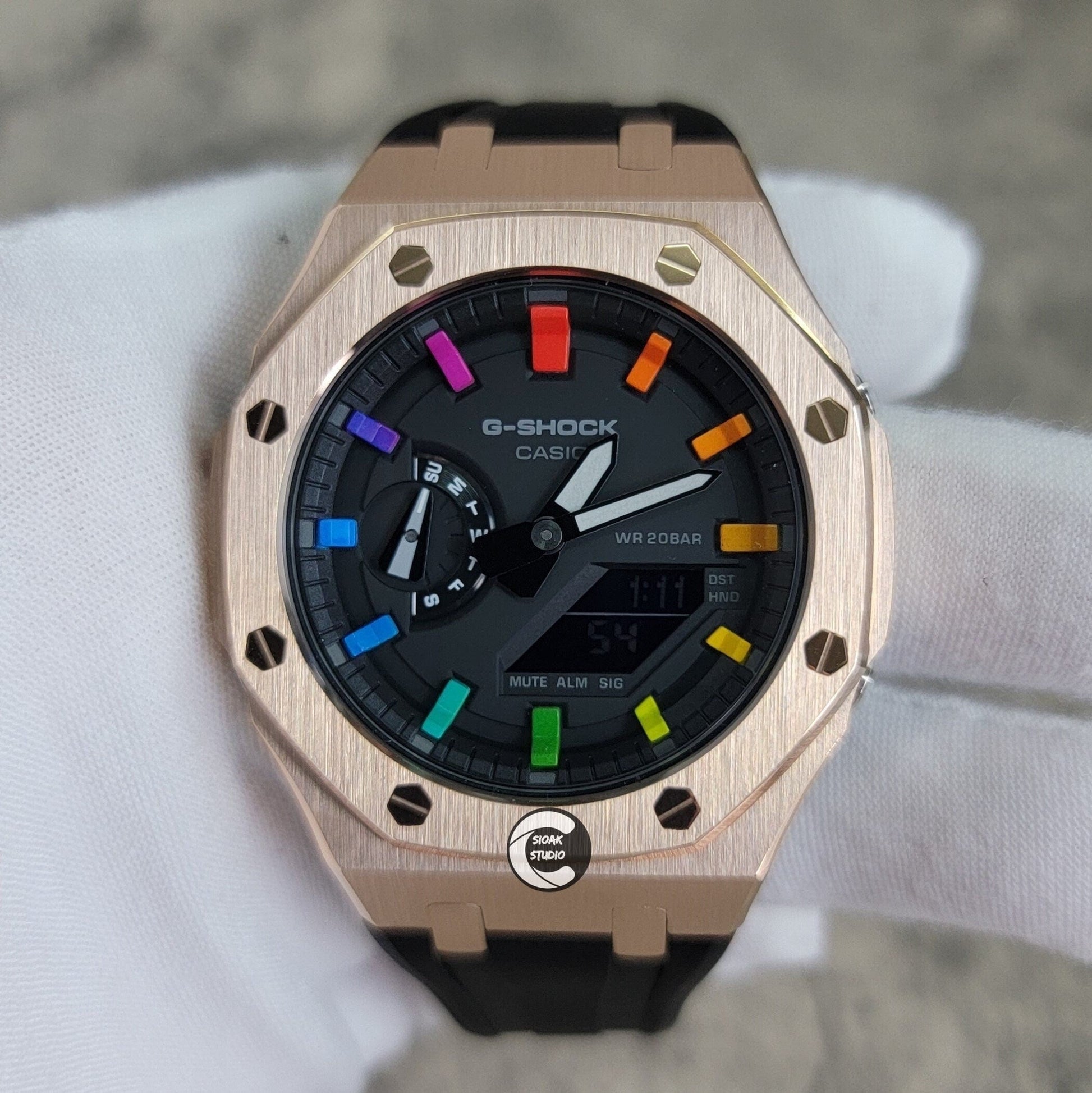 Casioak Mod Watch Rose Gold Case Black Rubber Strap Black Rainbow Time Mark Black Dial 44mm- Casioak Mod Casio G-Shock Royal Oak Custom Mens Luxury Watches Ga2100