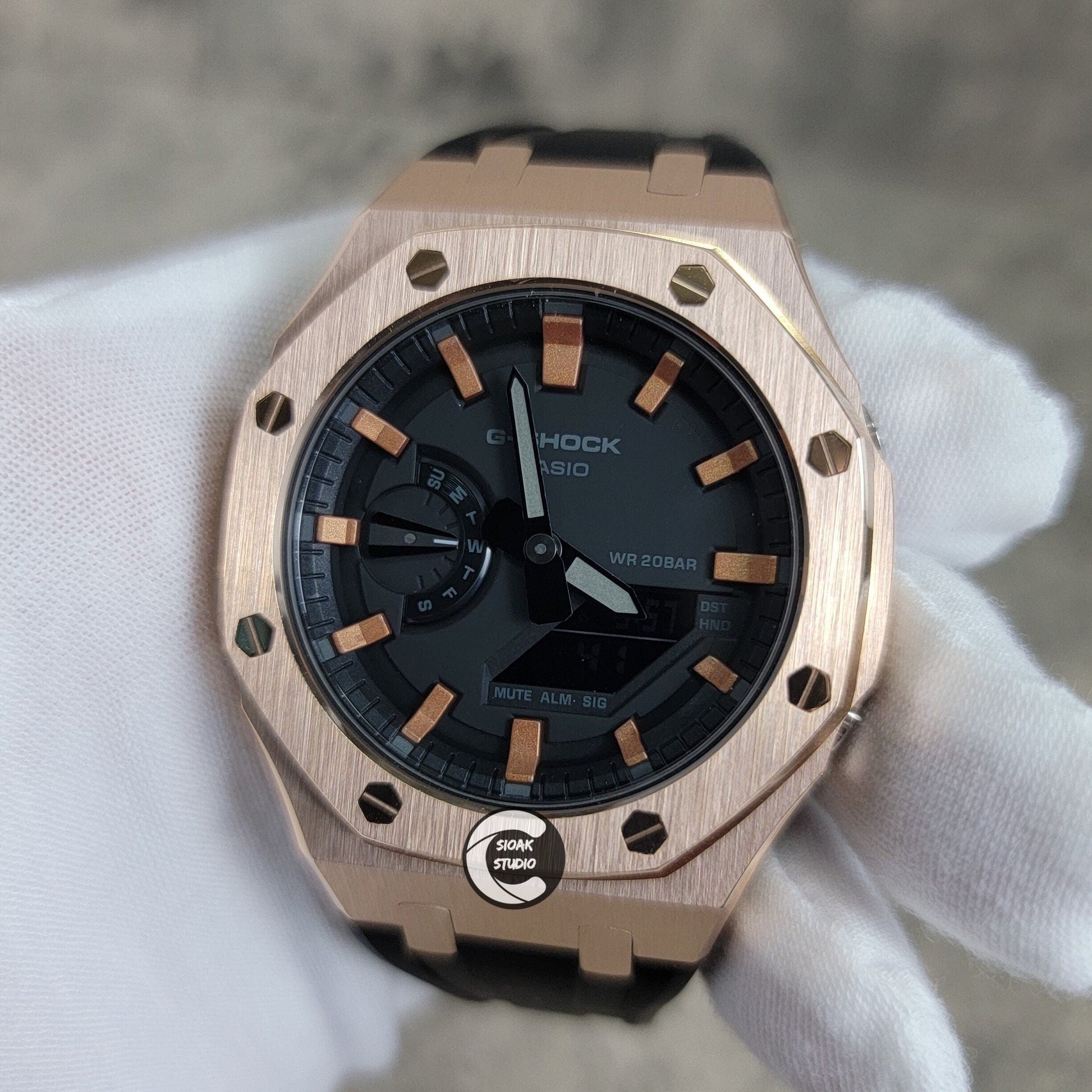 Casioak Mod Watch Rose Gold Case Black Rubber Strap Black Rose Gold Time Mark Black Dial 44mm- Casioak Mod Casio G-Shock Royal Oak Custom Mens Luxury Watches Ga2100