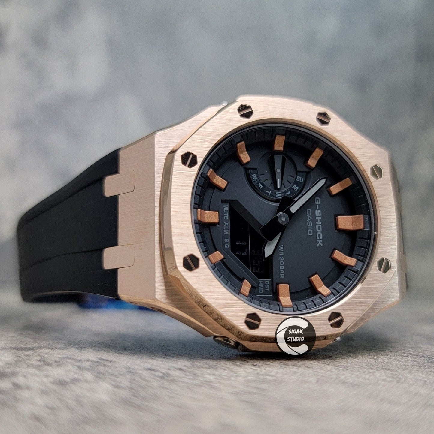 Casioak Mod Watch Rose Gold Case Black Rubber Strap Black Rose Gold Time Mark Black Dial 44mm- Casioak Mod Casio G-Shock Royal Oak Custom Mens Luxury Watches Ga2100