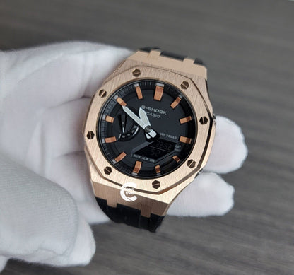 Casioak Mod Watch Rose Gold Case Black Rubber Strap Black Rose Gold Time Mark Black Dial 44mm- Casioak Mod Casio G-Shock Royal Oak Custom Mens Luxury Watches Ga2100