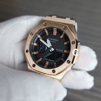 Casioak Mod Watch Rose Gold Case Black Rubber Strap Black Rose Gold Time Mark Black Dial 44mm- Casioak Mod Casio G-Shock Royal Oak Custom Mens Luxury Watches Ga2100