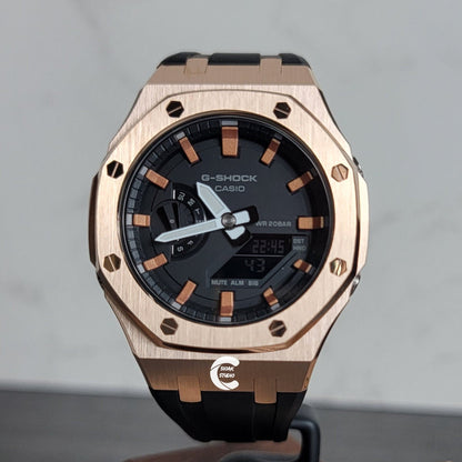 Casioak Mod Watch Rose Gold Case Black Rubber Strap Black Rose Gold Time Mark Black Dial 44mm- Casioak Mod Casio G-Shock Royal Oak Custom Mens Luxury Watches Ga2100