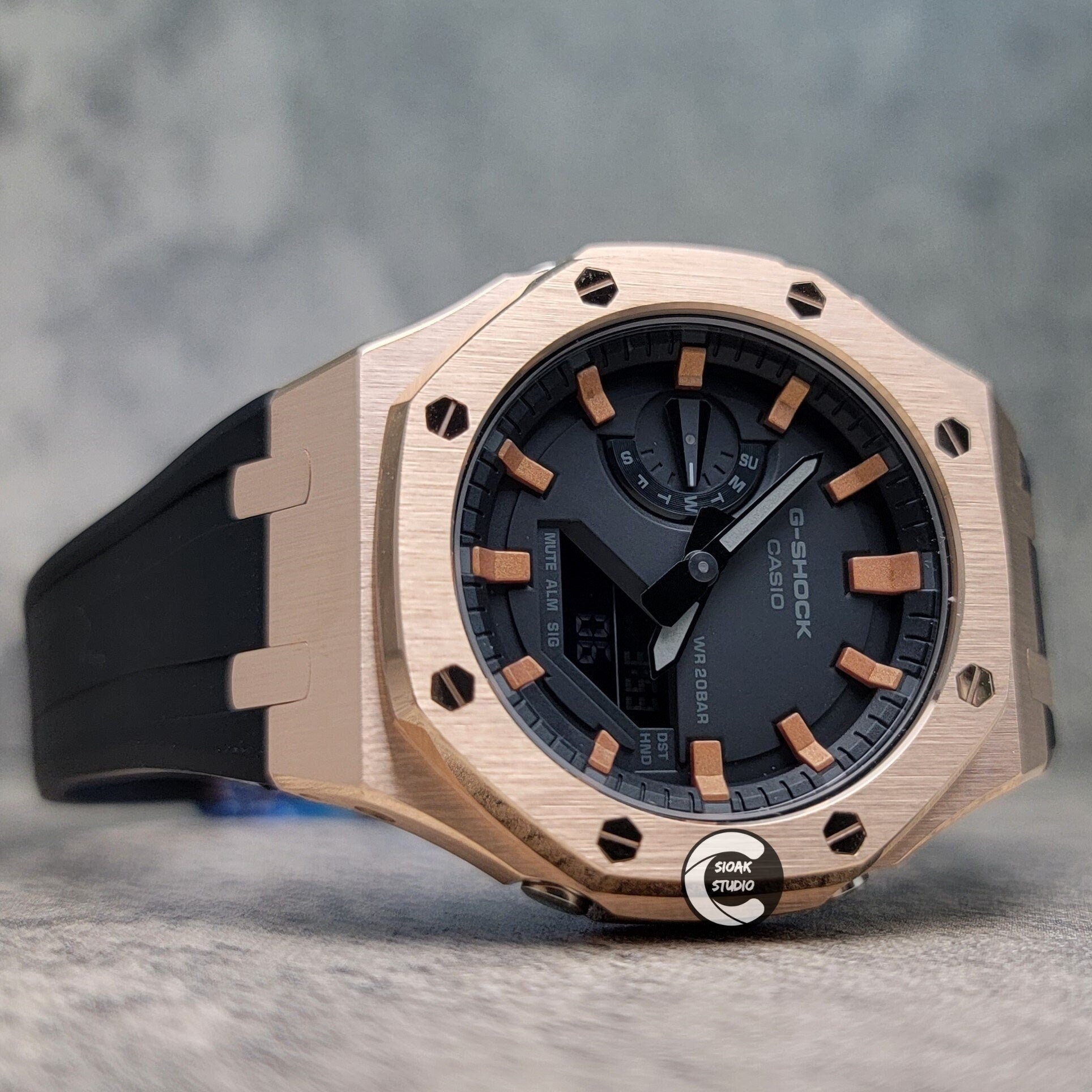 Casioak Mod Watch Rose Gold Case Black Rubber Strap Black Rose Gold Time Mark Black Dial 44mm- Casioak Mod Casio G-Shock Royal Oak Custom Mens Luxury Watches Ga2100