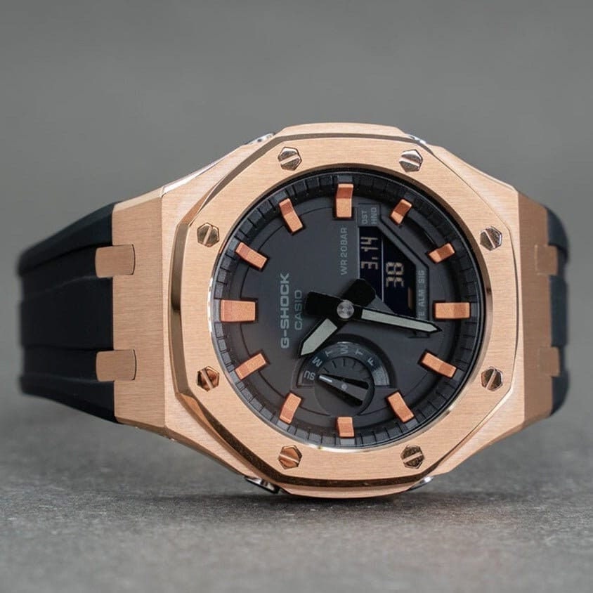 Casioak Mod Watch Rose Gold Case Black Rubber Strap Black Rose Gold Time Mark Black Dial 44mm- Casioak Mod Casio G-Shock Royal Oak Custom Mens Luxury Watches Ga2100