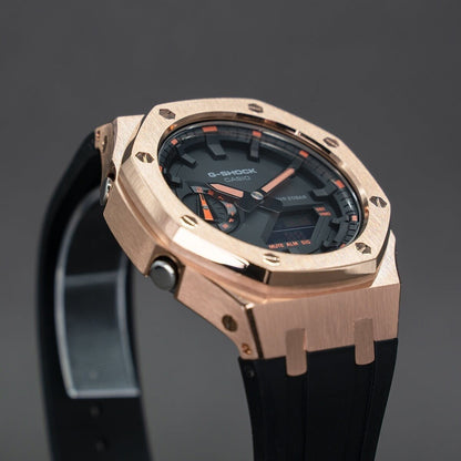 Casioak Mod Watch Rose Gold Case Black Rubber Strap Black Time Mark Balck Dial 44mm Orange- Casioak Mod Casio G-Shock Royal Oak Custom Mens Luxury Watches Ga2100