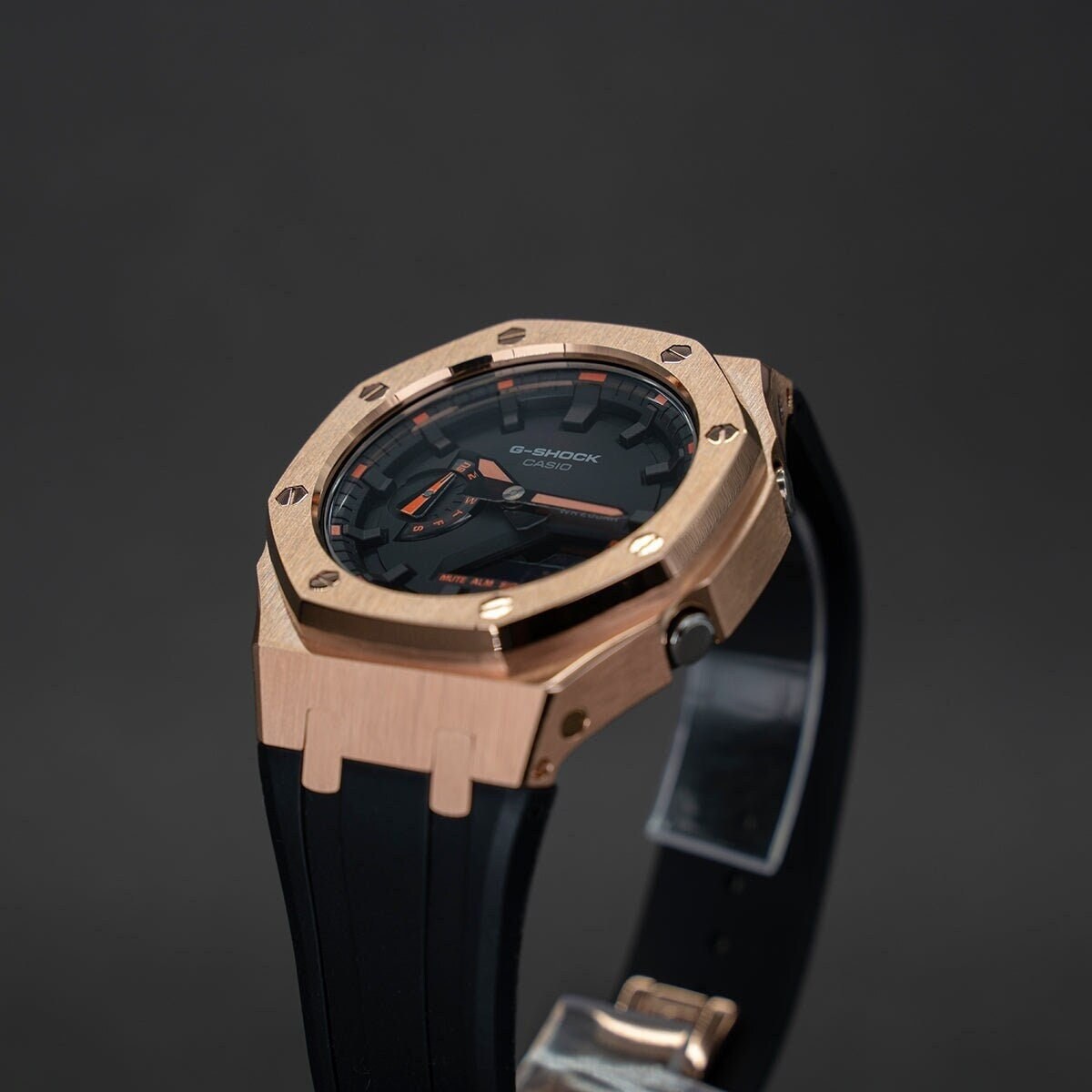 Casioak Mod Watch Rose Gold Case Black Rubber Strap Black Time Mark Balck Dial 44mm Orange- Casioak Mod Casio G-Shock Royal Oak Custom Mens Luxury Watches Ga2100