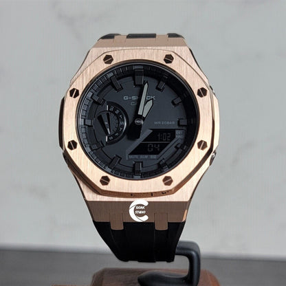 Casioak Mod Watch Rose Gold Case Black Rubber Strap Black Time Mark Black Dial 44mm- Casioak Mod Casio G-Shock Royal Oak Custom Mens Luxury Watches Ga2100