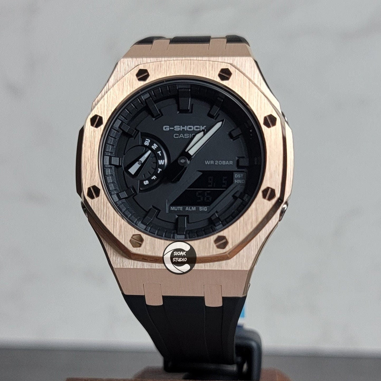 Casioak Mod Watch Rose Gold Case Black Rubber Strap Black Time Mark Black Dial 44mm- Casioak Mod Casio G-Shock Royal Oak Custom Mens Luxury Watches Ga2100