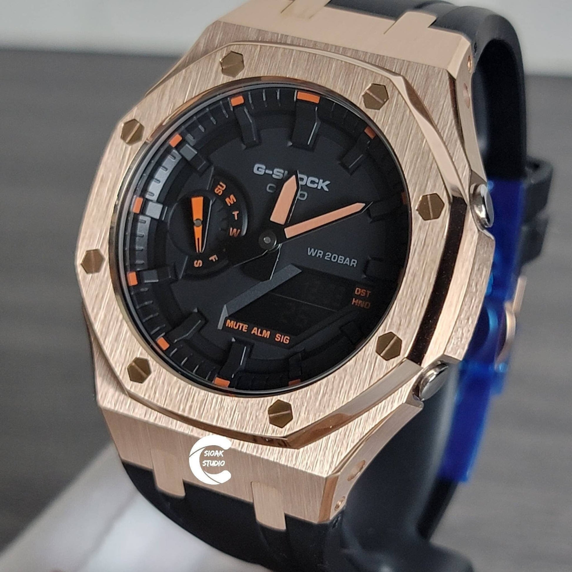 Casioak Mod Watch Rose Gold Case Black Rubber Strap Black Time Mark Black Dial 44mm- Casioak Mod Casio G-Shock Royal Oak Custom Mens Luxury Watches Ga2100