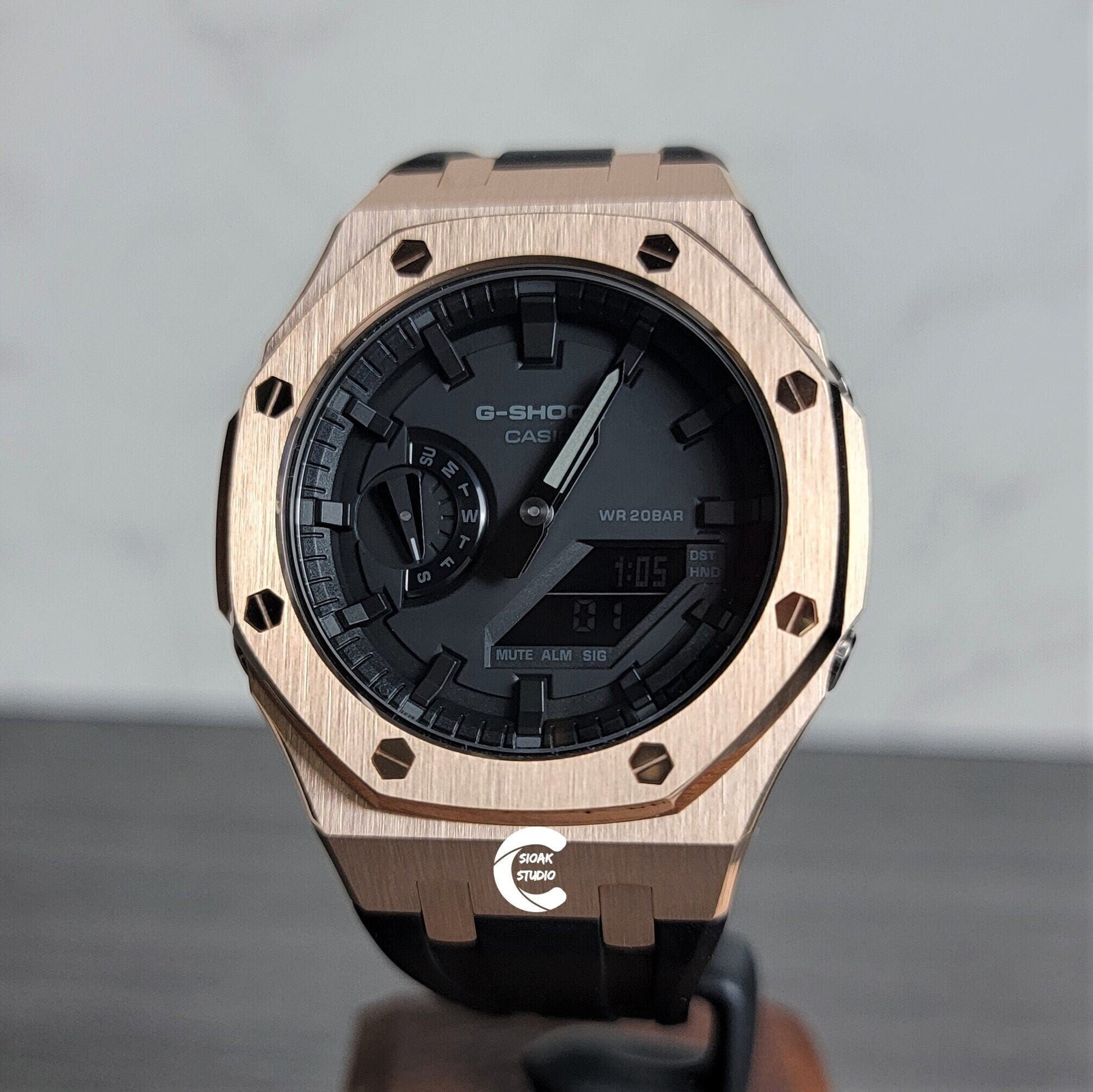 Casioak Mod Watch Rose Gold Case Black Rubber Strap Black Time Mark Black Dial 44mm- Casioak Mod Casio G-Shock Royal Oak Custom Mens Luxury Watches Ga2100