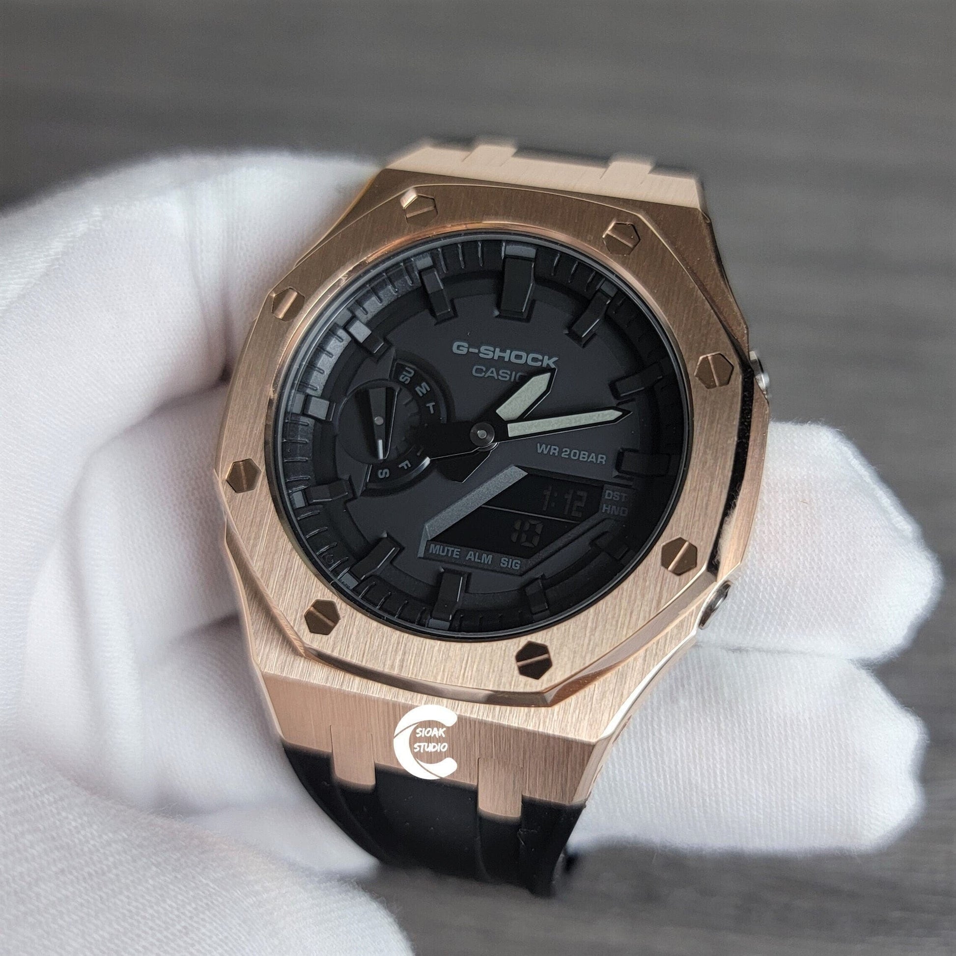 Casioak Mod Watch Rose Gold Case Black Rubber Strap Black Time Mark Black Dial 44mm- Casioak Mod Casio G-Shock Royal Oak Custom Mens Luxury Watches Ga2100