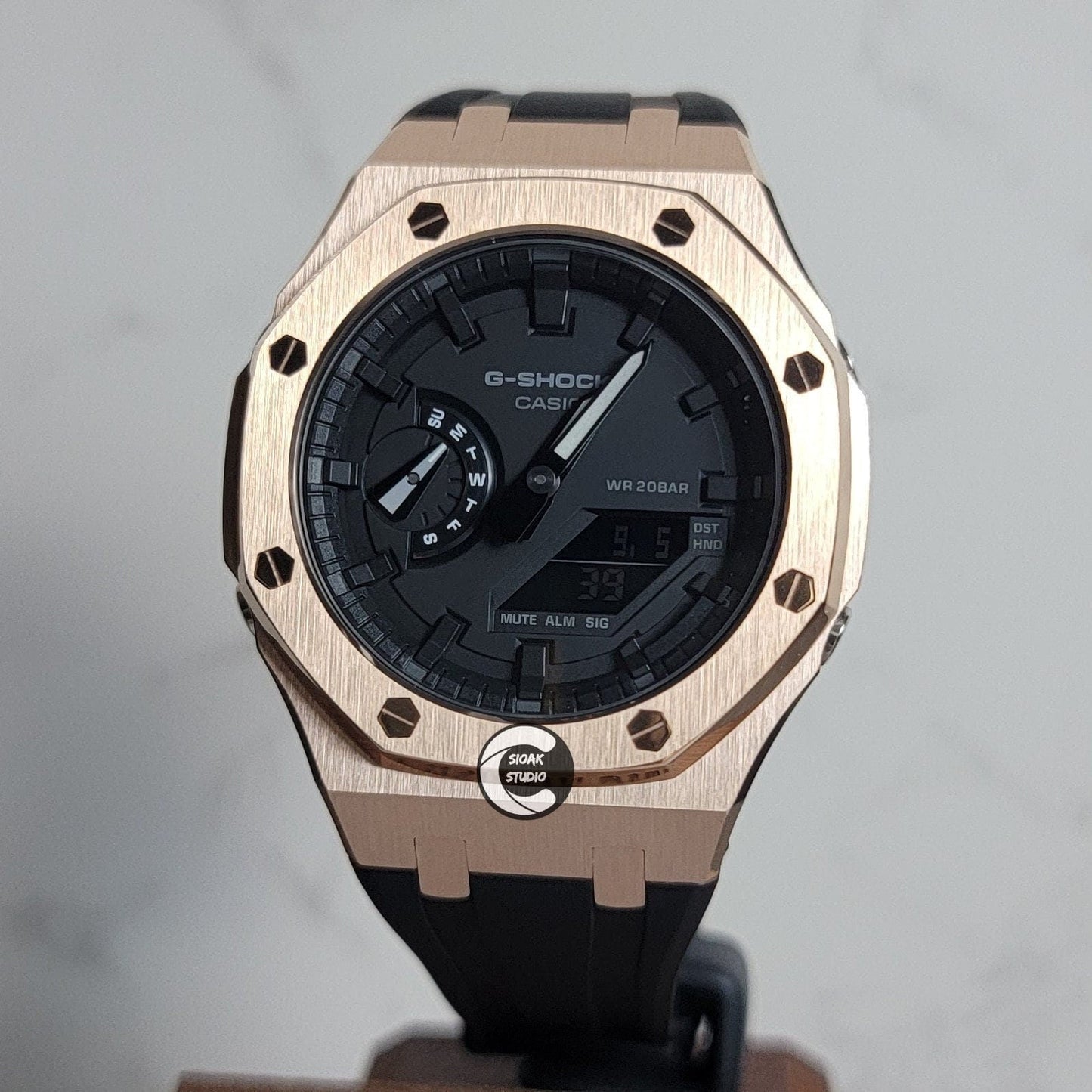 Casioak Mod Watch Rose Gold Case Black Rubber Strap Black Time Mark Black Dial 44mm- Casioak Mod Casio G-Shock Royal Oak Custom Mens Luxury Watches Ga2100