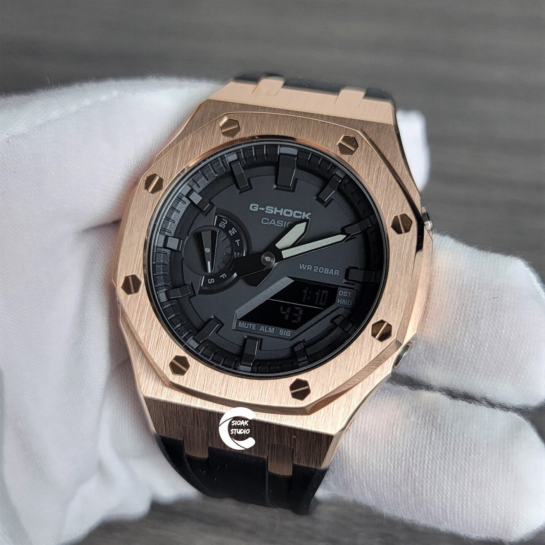 Casioak Mod Watch Rose Gold Case Black Rubber Strap Black Time Mark Black Dial 44mm- Casioak Mod Casio G-Shock Royal Oak Custom Mens Luxury Watches Ga2100