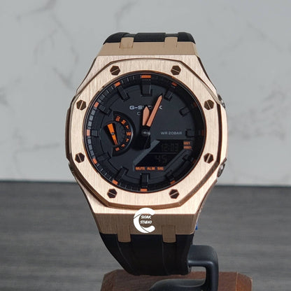 Casioak Mod Watch Rose Gold Case Black Rubber Strap Black Time Mark Black Dial 44mm- Casioak Mod Casio G-Shock Royal Oak Custom Mens Luxury Watches Ga2100