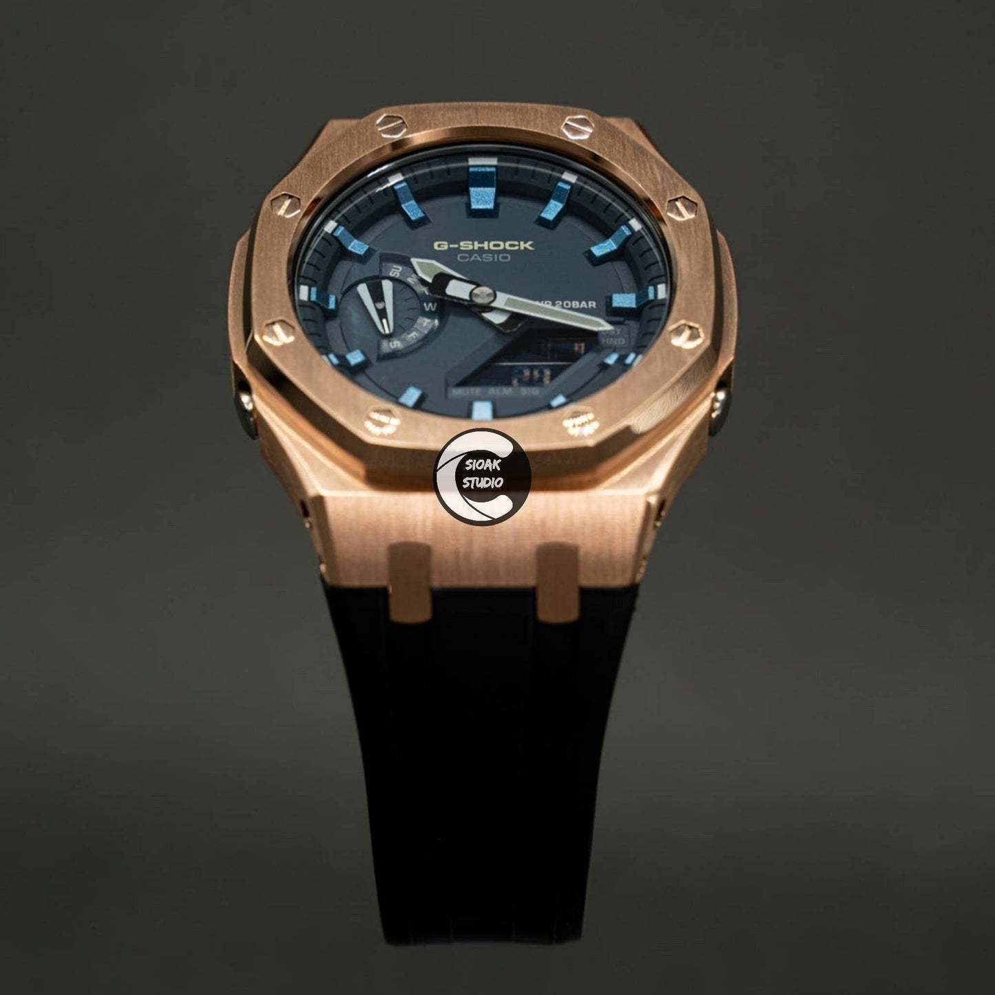 Casioak Mod Watch Rose Gold Case Black Rubber Strap Blue Blue Time Mark Blue Dial 44mm- Casioak Mod Casio G-Shock Royal Oak Custom Mens Luxury Watches Ga2100