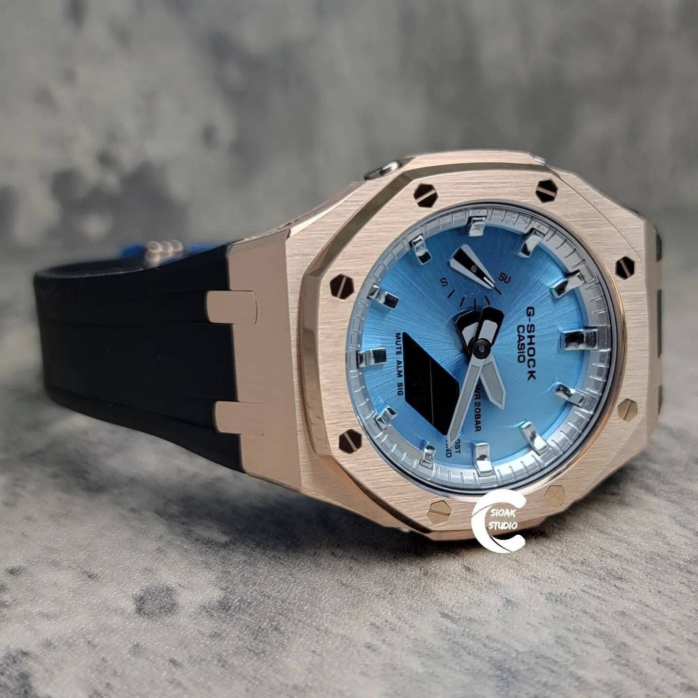 Casioak Mod Watch Rose Gold Case Black Rubber Strap Silver Time Mark Ice Blue Dial 44mm Gray- Casioak Mod Casio G-Shock Royal Oak Custom Mens Luxury Watches Ga2100