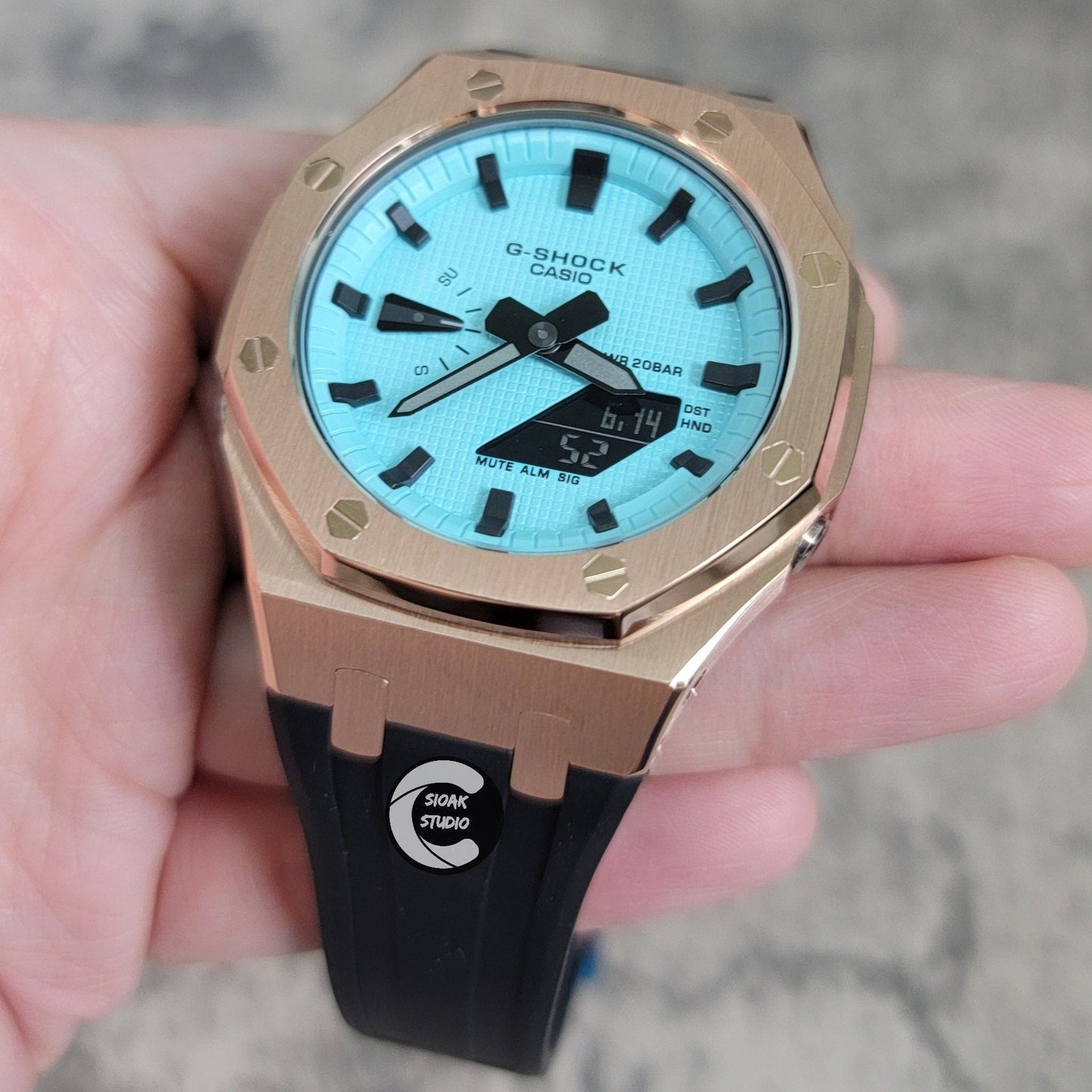 Casioak Mod Watch Rose Gold Case Black Rubber Strap Tiff Blue Time Mark Tiff Blue Dial 44mm- Casioak Mod Casio G-Shock Royal Oak Custom Mens Luxury Watches Ga2100