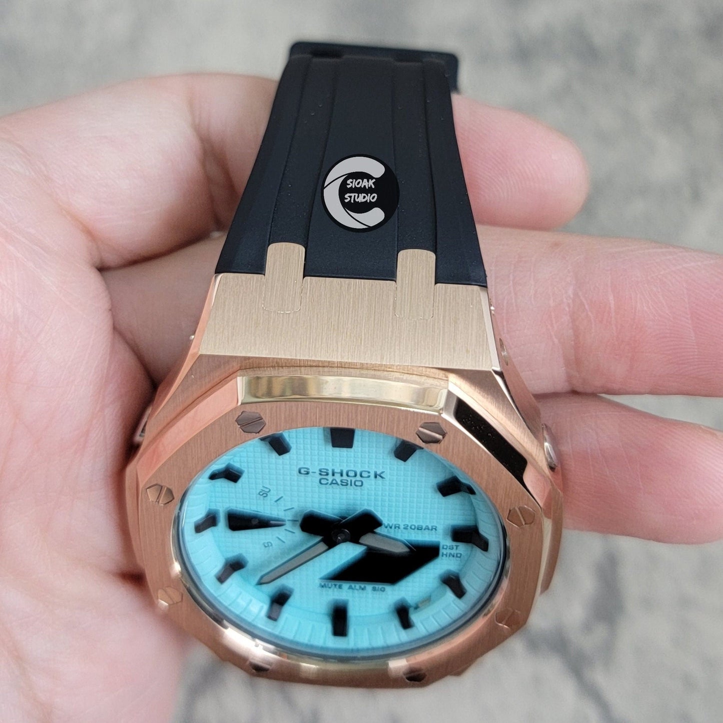 Casioak Mod Watch Rose Gold Case Black Rubber Strap Tiff Blue Time Mark Tiff Blue Dial 44mm- Casioak Mod Casio G-Shock Royal Oak Custom Mens Luxury Watches Ga2100