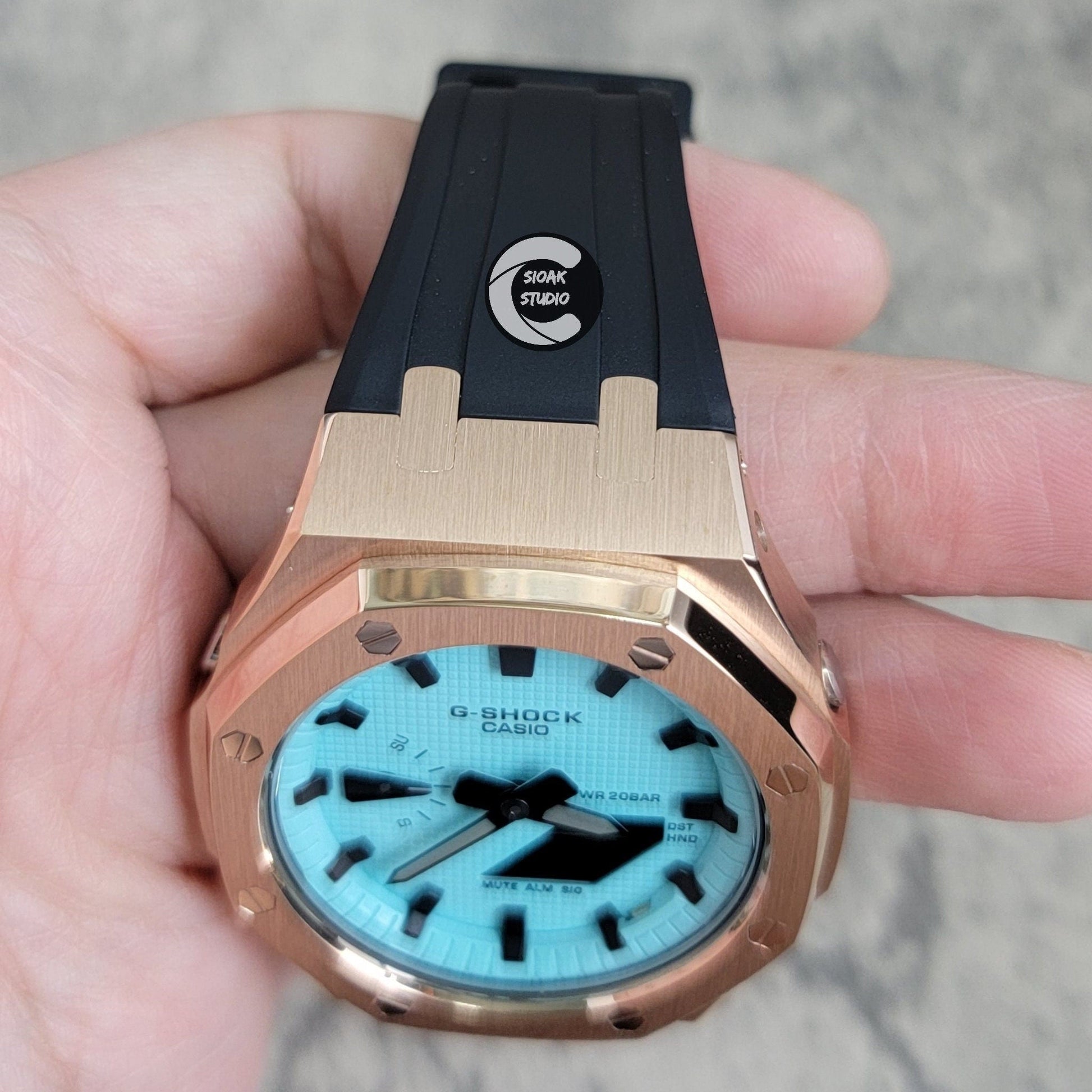 Casioak Mod Watch Rose Gold Case Black Rubber Strap Tiff Blue Time Mark Tiff Blue Dial 44mm- Casioak Mod Casio G-Shock Royal Oak Custom Mens Luxury Watches Ga2100