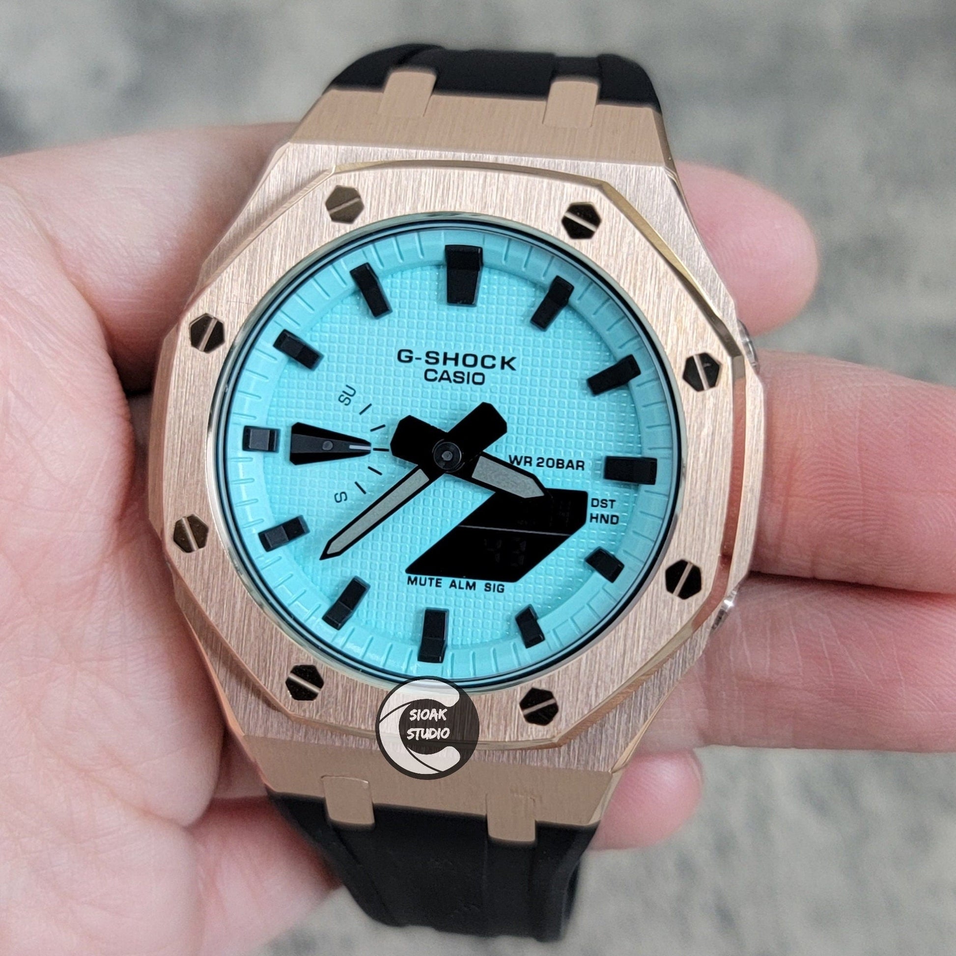 Casioak Mod Watch Rose Gold Case Black Rubber Strap Tiff Time Mark Tiff Blue Dial 44mm- Casioak Mod Casio G-Shock Royal Oak Custom Mens Luxury Watches Ga2100