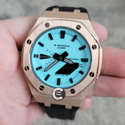 Casioak Mod Watch Rose Gold Case Black Rubber Strap Tiff Time Mark Tiff Blue Dial 44mm- Casioak Mod Casio G-Shock Royal Oak Custom Mens Luxury Watches Ga2100