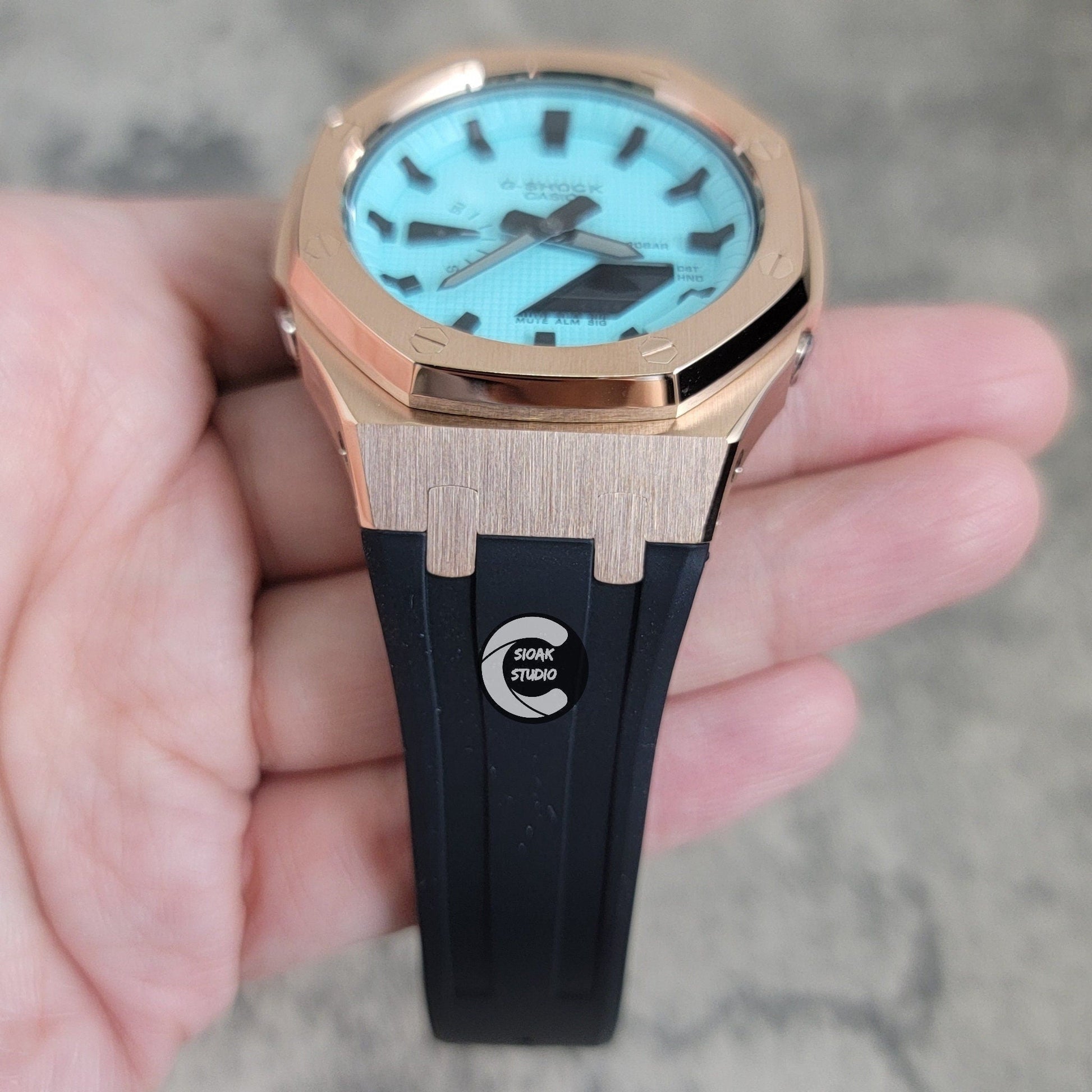 Casioak Mod Watch Rose Gold Case Black Rubber Strap Tiff Time Mark Tiff Blue Dial 44mm- Casioak Mod Casio G-Shock Royal Oak Custom Mens Luxury Watches Ga2100