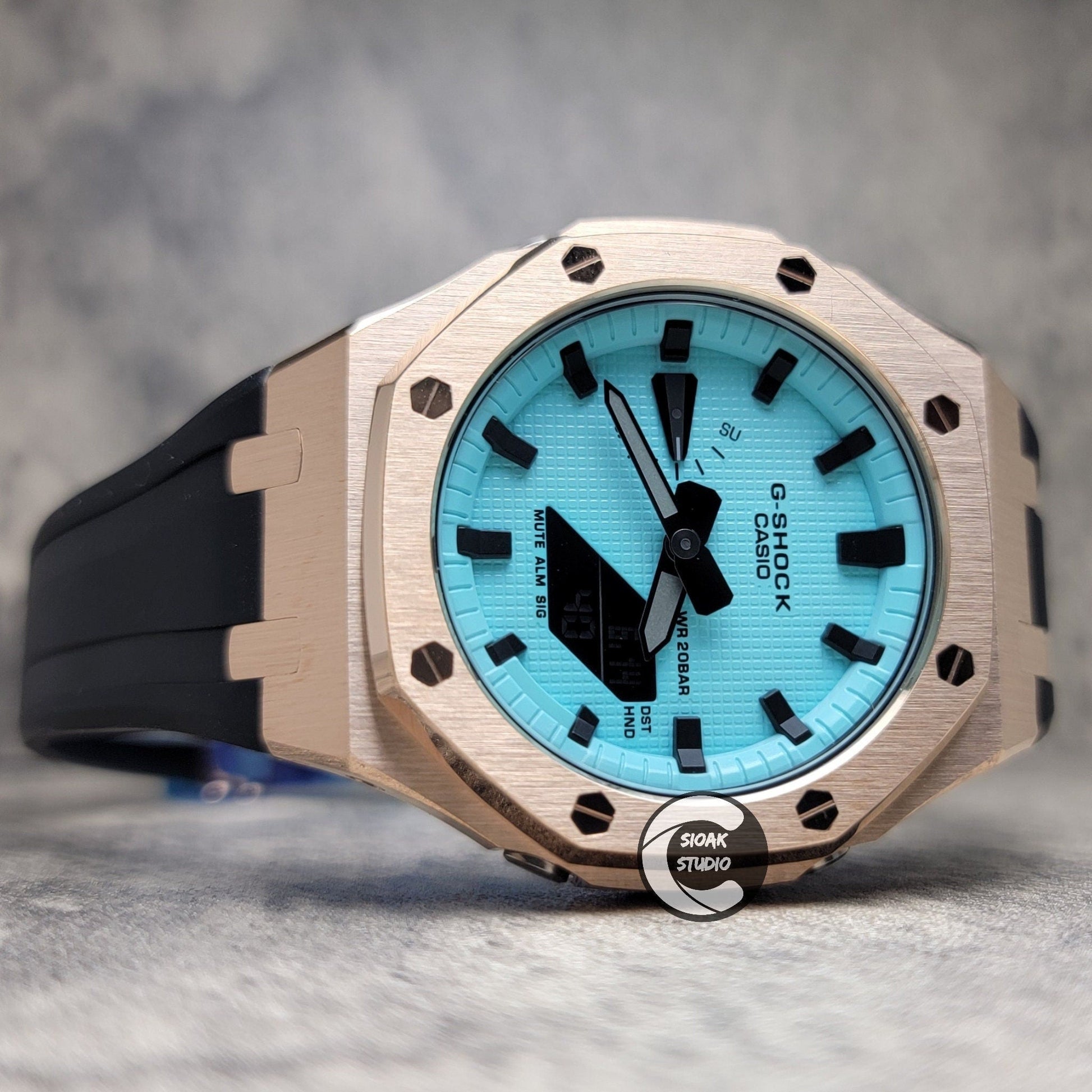 Casioak Mod Watch Rose Gold Case Black Rubber Strap Tiff Time Mark Tiff Blue Dial 44mm- Casioak Mod Casio G-Shock Royal Oak Custom Mens Luxury Watches Ga2100