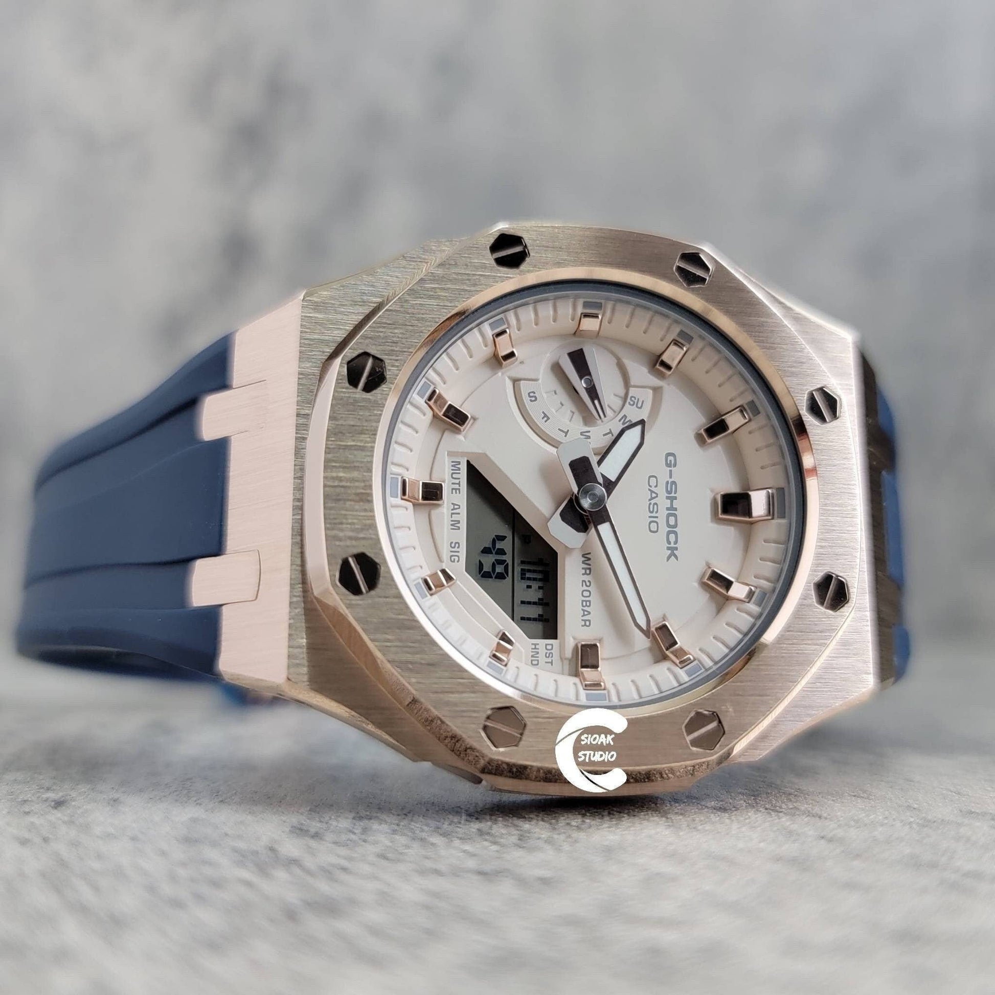 Casioak Mod Watch Rose Gold Case Blue Rubber Strap Beige Rose Gold Time Mark Beige Dial 42mm- Casioak Mod Casio G-Shock Royal Oak Custom Mens Luxury Watches Ga2100