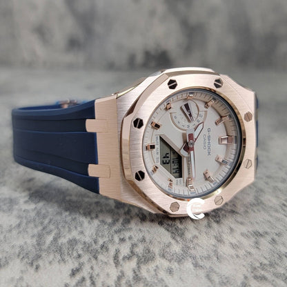 Casioak Mod Watch Rose Gold Case Blue Rubber Strap Beige Rose Gold Time Mark Beige Dial 42mm- Casioak Mod Casio G-Shock Royal Oak Custom Mens Luxury Watches Ga2100