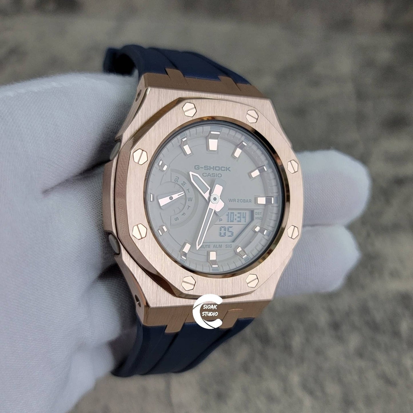 Casioak Mod Watch Rose Gold Case Blue Rubber Strap Beige Rose Gold Time Mark Beige Dial 42mm- Casioak Mod Casio G-Shock Royal Oak Custom Mens Luxury Watches Ga2100