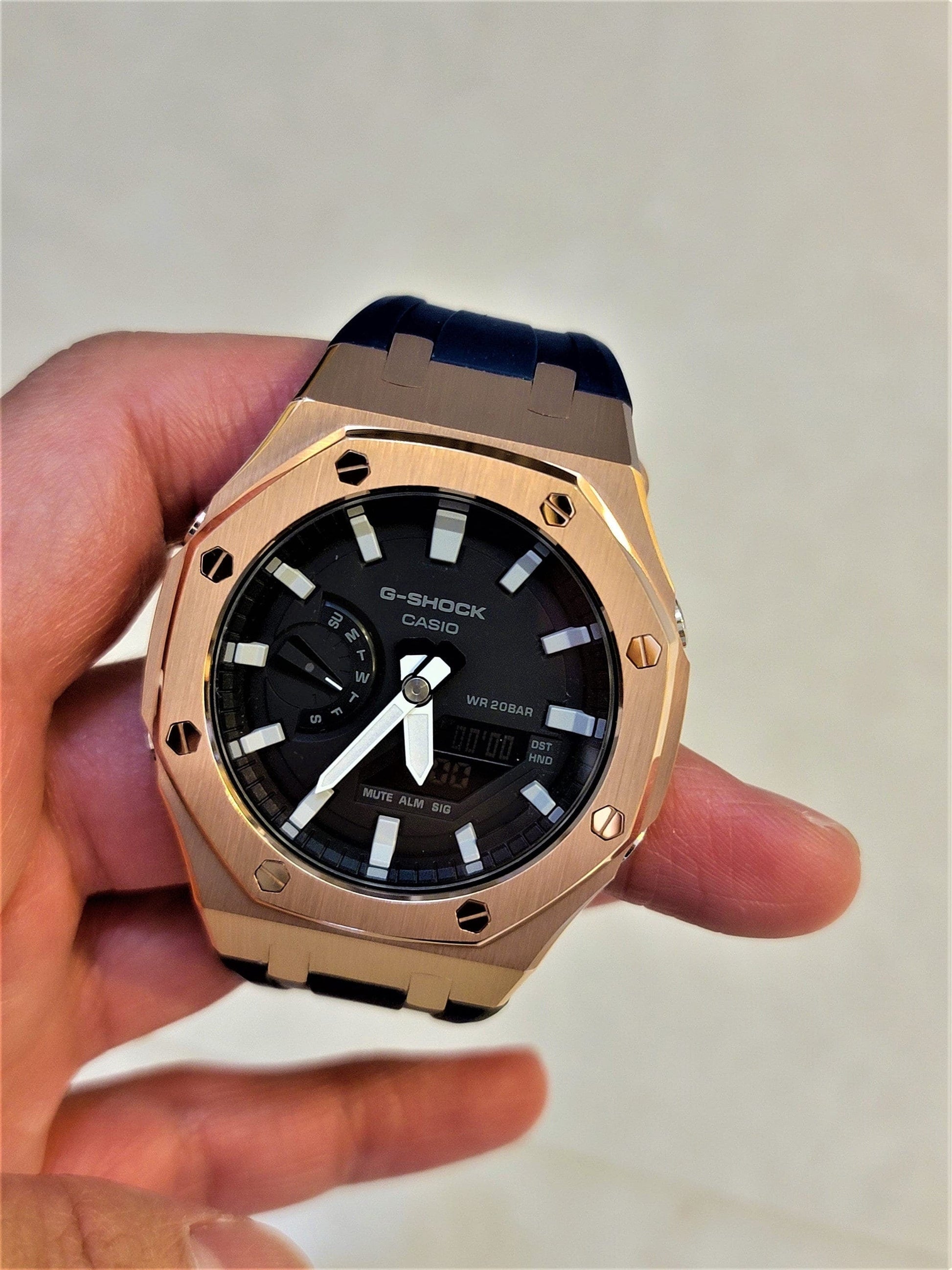 Casioak Mod Watch Rose Gold Case Blue Rubber Strap Black Light Gray Time Mark Black Dial 44mm- Casioak Mod Casio G-Shock Royal Oak Custom Mens Luxury Watches Ga2100