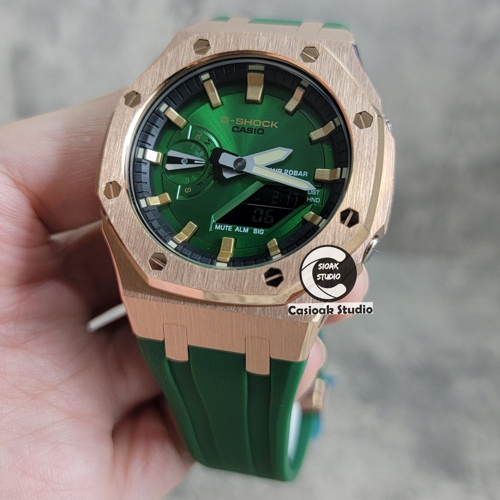 Casioak Mod Watch Rose Gold Case Green Rubber Strap Black Gold Time Mark Green Dial 44mm- Casioak Mod Casio G-Shock Royal Oak Custom Mens Luxury Watches Ga2100