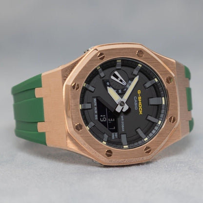 Casioak Mod Watch Rose Gold Case Green Rubber Strap Black Gray Time Mark Black Dial 44mm Yellow- Casioak Mod Casio G-Shock Royal Oak Custom Mens Luxury Watches Ga2100