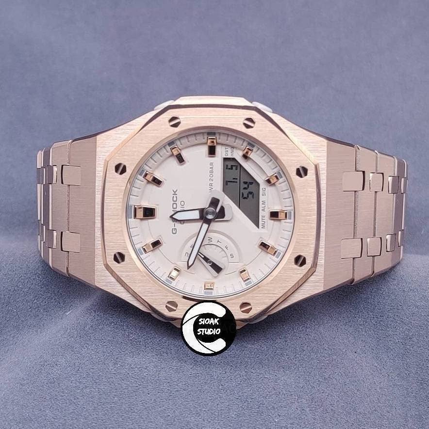 Casioak Mod Watch Rose Gold Case Metal Strap Beige Rose Gold Time Mark Beige Dial 42mm- Casioak Mod Casio G-Shock Royal Oak Custom Mens Luxury Watches Ga2100