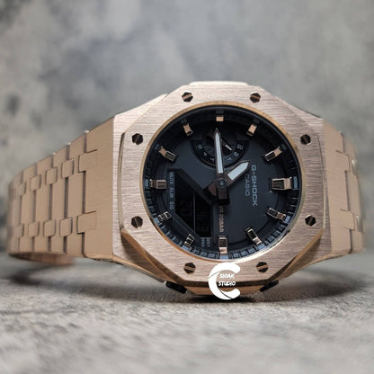 Casioak Mod Watch Rose Gold Case Metal Strap Black Gold Time Mark Black Rose Gold Dial 42mm- Casioak Mod Casio G-Shock Royal Oak Custom Mens Luxury Watches Ga2100