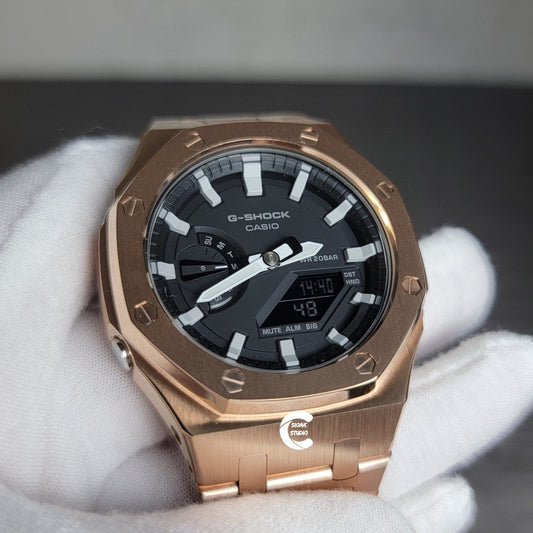 Casioak Mod Watch Rose Gold Case Metal Strap Black Light Gray Time Mark Black Dial 44mm- Casioak Mod Casio G-Shock Royal Oak Custom Mens Luxury Watches Ga2100