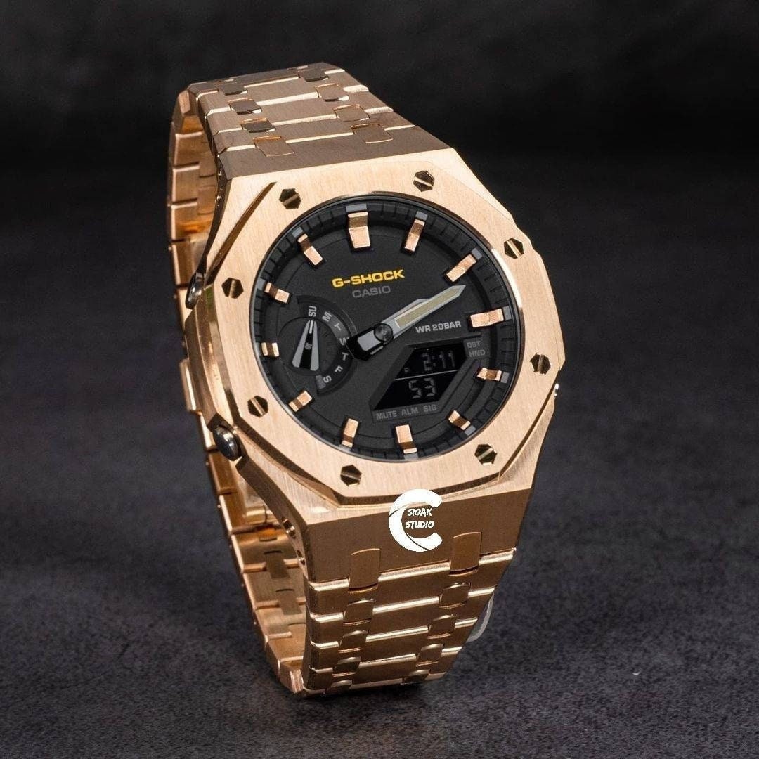 Casioak Mod Watch Rose Gold Case Metal Strap Black Rose Gold Time Mark Black Dial 44 mm- Casioak Mod Casio G-Shock Royal Oak Custom Mens Luxury Watches Ga2100