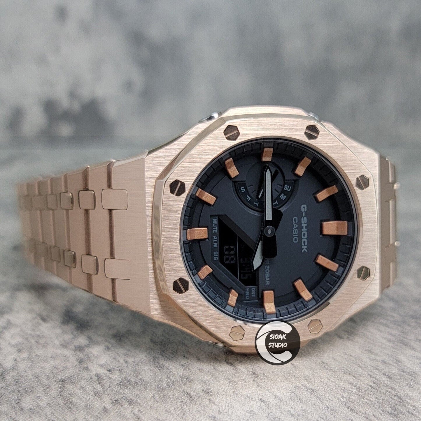 Casioak Mod Watch Rose Gold Case Metal Strap Black Rose Gold Time Mark Black Dial 44mm- Casioak Mod Casio G-Shock Royal Oak Custom Mens Luxury Watches Ga2100