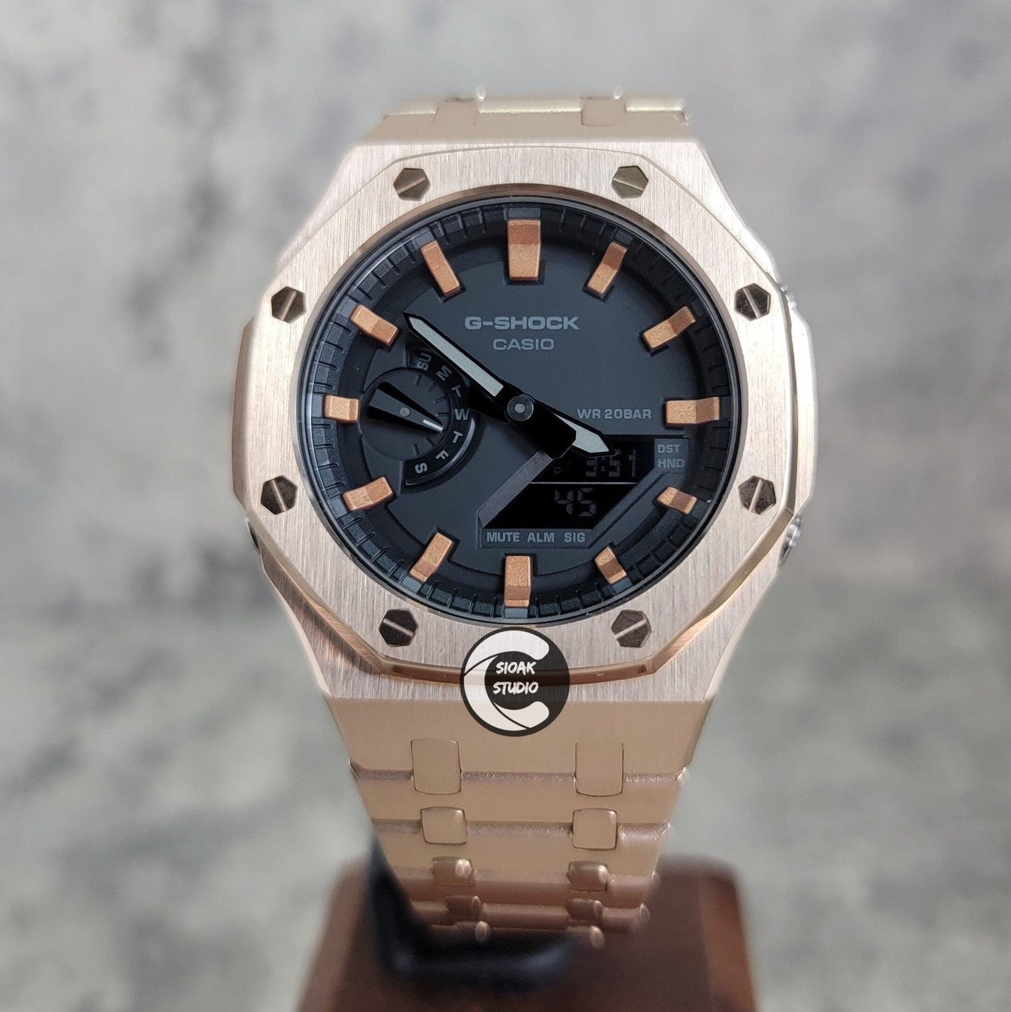 Casioak Mod Watch Rose Gold Case Metal Strap Black Rose Gold Time Mark Black Dial 44mm- Casioak Mod Casio G-Shock Royal Oak Custom Mens Luxury Watches Ga2100