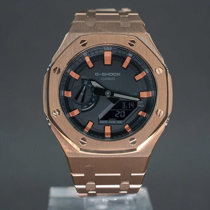 Casioak Mod Watch Rose Gold Case Metal Strap Black Rose Gold Time Mark Black Dial 44mm- Casioak Mod Casio G-Shock Royal Oak Custom Mens Luxury Watches Ga2100