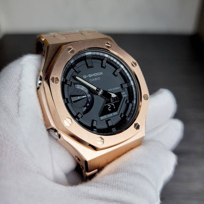 Casioak Mod Watch Rose Gold Case Metal Strap Black Time Mark Black Dial 44mm- Casioak Mod Casio G-Shock Royal Oak Custom Mens Luxury Watches Ga2100