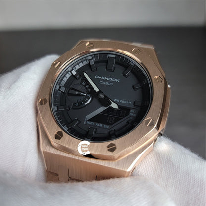 Casioak Mod Watch Rose Gold Case Metal Strap Black Time Mark Black Dial 44mm- Casioak Mod Casio G-Shock Royal Oak Custom Mens Luxury Watches Ga2100