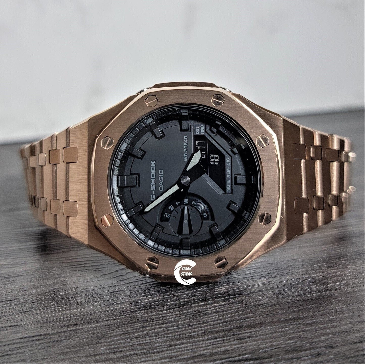 Casioak Mod Watch Rose Gold Case Metal Strap Black Time Mark Black Dial 44mm- Casioak Mod Casio G-Shock Royal Oak Custom Mens Luxury Watches Ga2100