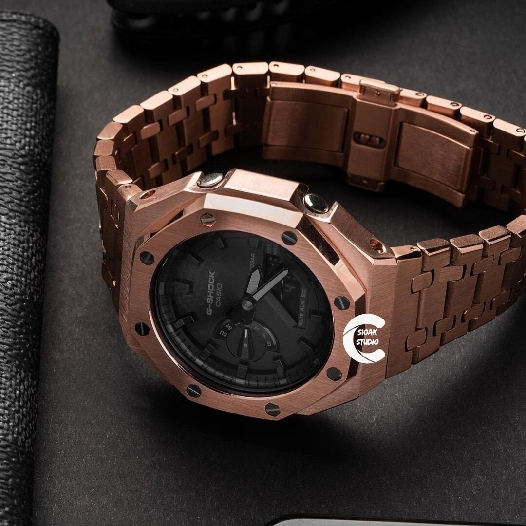 Casioak Mod Watch Rose Gold Case Metal Strap Black Time Mark Black Dial 44mm- Casioak Mod Casio G-Shock Royal Oak Custom Mens Luxury Watches Ga2100