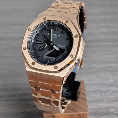 Casioak Mod Watch Rose Gold Case Metal Strap Black Time Mark Black Dial 44mm- Casioak Mod Casio G-Shock Royal Oak Custom Mens Luxury Watches Ga2100