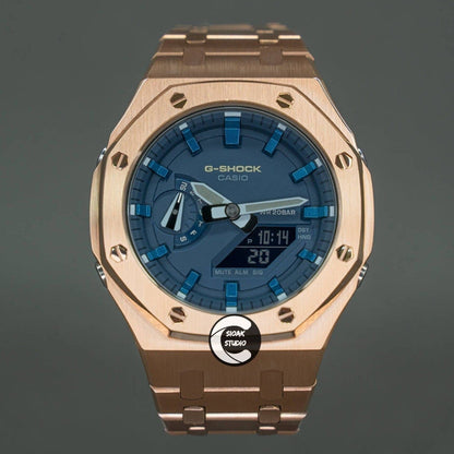 Casioak Mod Watch Rose Gold Case Metal Strap Blue Blue Time Mark Blue Dial 44mm- Casioak Mod Casio G-Shock Royal Oak Custom Mens Luxury Watches Ga2100