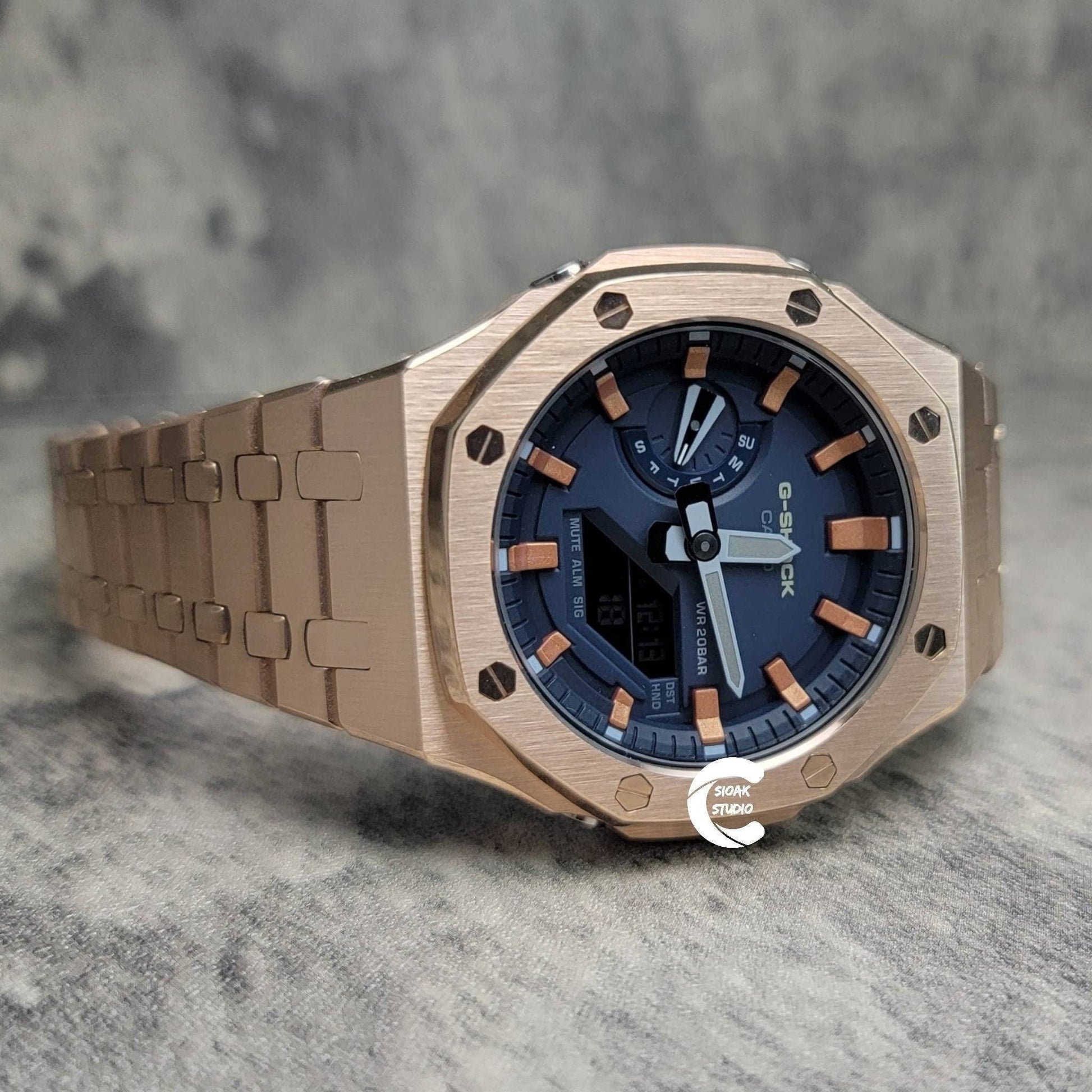 Casioak Mod Watch Rose Gold Case Metal Strap Blue Rose Gold Time Mark Blue Dial 44mm- Casioak Mod Casio G-Shock Royal Oak Custom Mens Luxury Watches Ga2100