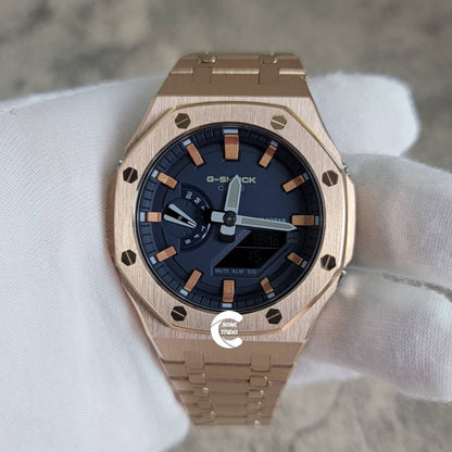 Casioak Mod Watch Rose Gold Case Metal Strap Blue Rose Gold Time Mark Blue Dial 44mm- Casioak Mod Casio G-Shock Royal Oak Custom Mens Luxury Watches Ga2100