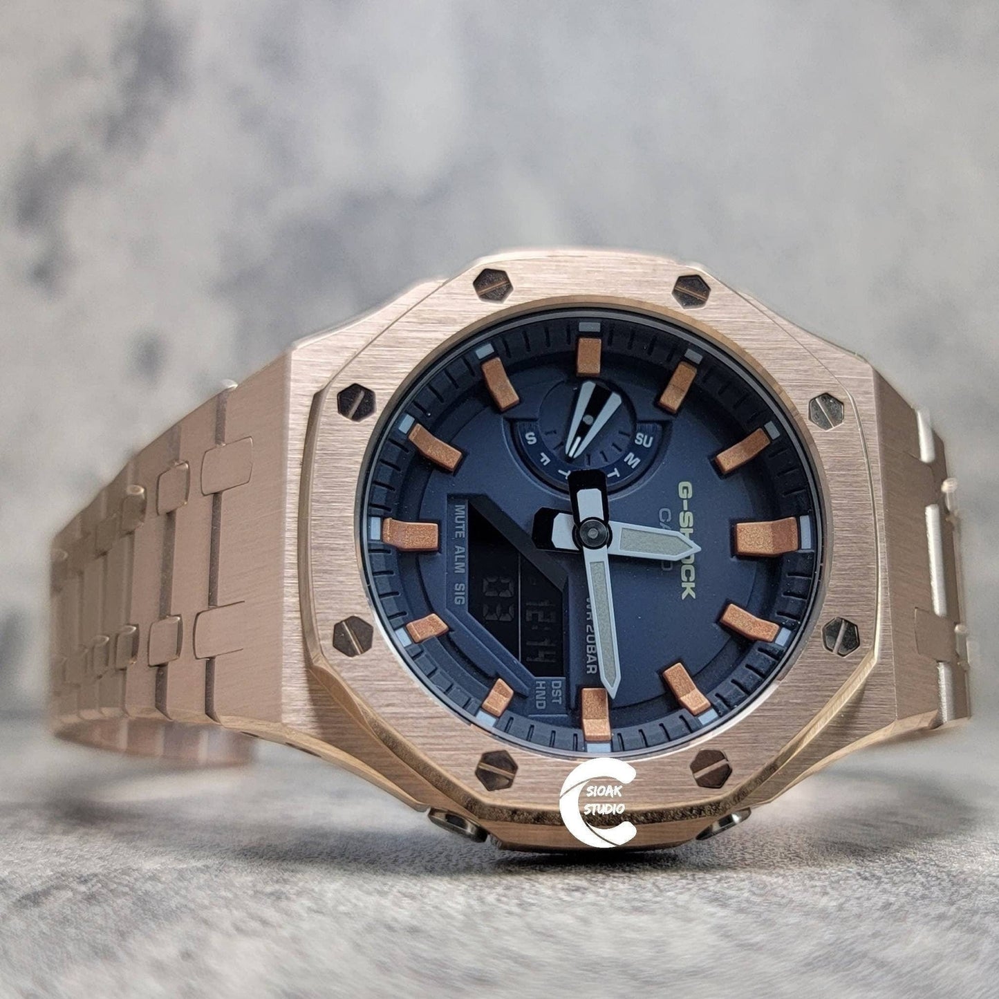 Casioak Mod Watch Rose Gold Case Metal Strap Blue Rose Gold Time Mark Blue Dial 44mm- Casioak Mod Casio G-Shock Royal Oak Custom Mens Luxury Watches Ga2100