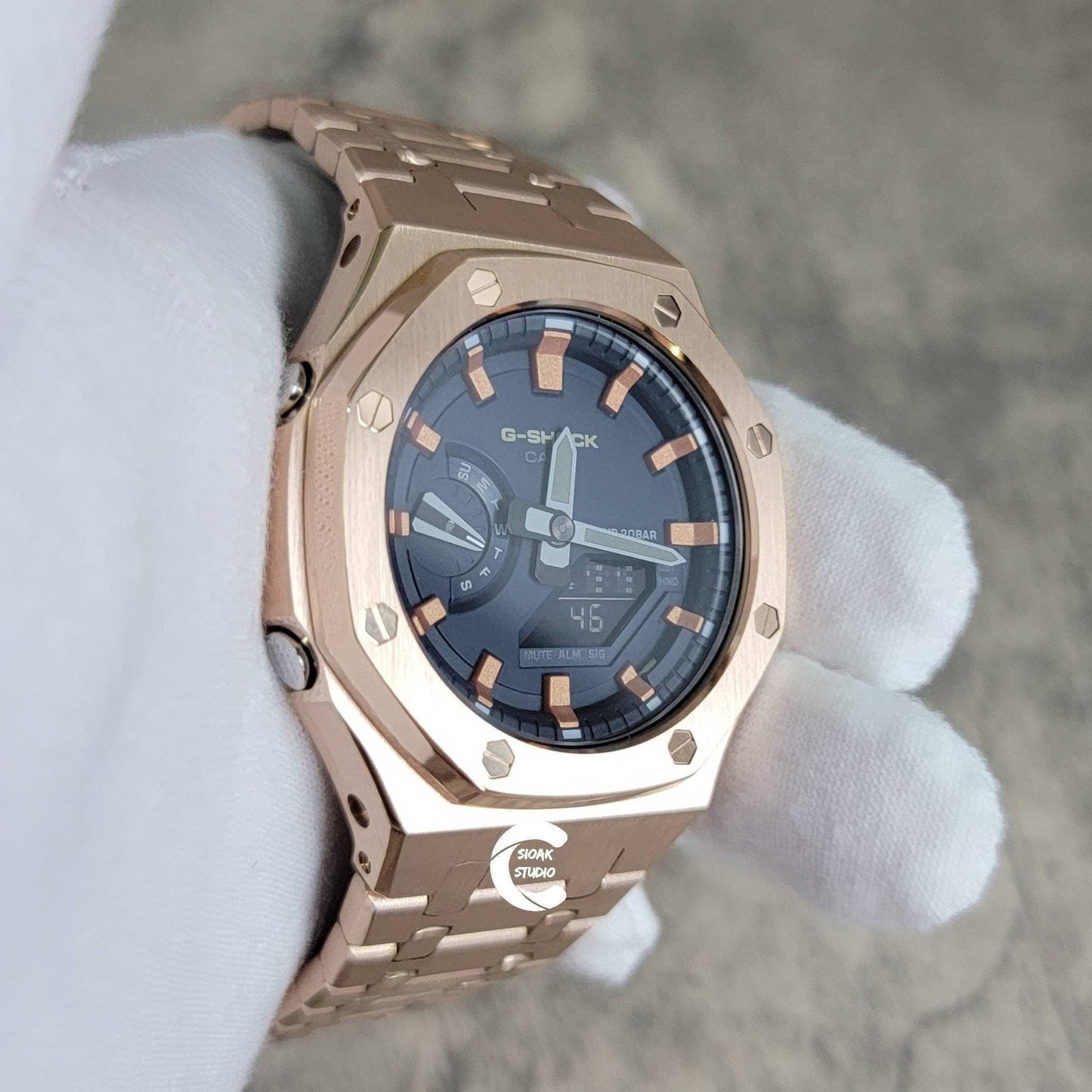 Casioak Mod Watch Rose Gold Case Metal Strap Blue Rose Gold Time Mark Blue Dial 44mm- Casioak Mod Casio G-Shock Royal Oak Custom Mens Luxury Watches Ga2100